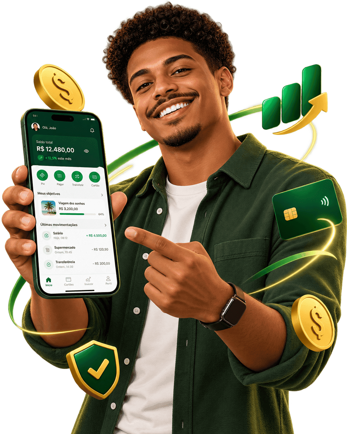 Ilustração de celular com recursos financeiros